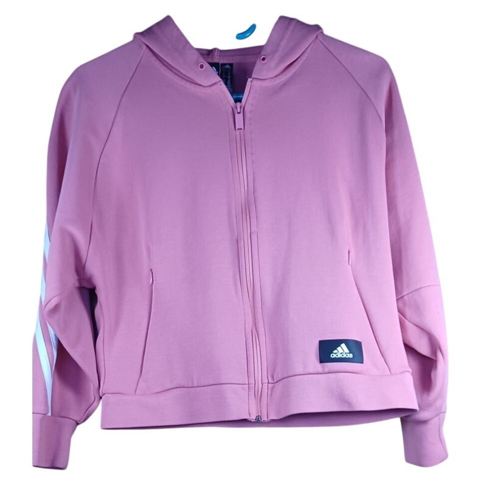 Adidas Pink Cropped Zip Hoodie Small Women Athletic Jacket 3 Stripe Sporty - Picture 2 of 10